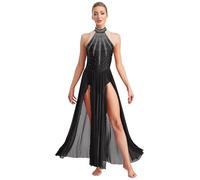 LiiYii Damen Tanzkleid Ärmelloses Lyrisches Tanzkleid Mit Pailletten Klassisches Ballettkleid Latein Jazz Samba Modernen Tanzoutfit Schwarz XL
