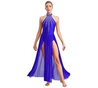 LiiYii Damen Tanzkleid Ärmelloses Lyrisches Tanzkleid Mit Pailletten Klassisches Ballettkleid Latein Jazz Samba Modernen Tanzoutfit Blau M