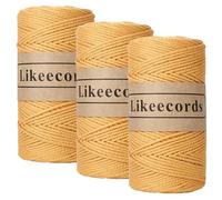 Likeecords 3 Rollen Wolle für Taschen häkeln 2mm x 170m,garn zum häkeln,makramee garn,baumwollgarn zum häkeln,100% Baumwolle Schlauchgarn for Knitting,Crochet, Weaving Gift （Gelb）