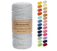 Likeecords Beige Makramee-Schnur 3 mm x 110 Yards, farbiges Makramee-Seil, Baumwollseil, Makramee-Garn, bunte Baumwoll-Bastelschnur zum Aufhängen, Pflanzenaufhänger, Basteln, Stricken (hellgrau)