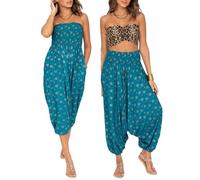 likemary Haremshose Damen Sommer - 2-in-1 Pumphose mit Taschen Wird zum Jumpsuit Overall - Pluderhose aus Viskose leicht - Türkis Gold Applikation