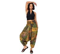 likemary Haremshose Damen Sommer - 2-in-1 Pumphose mit Taschen Wird zum Jumpsuit Overall - Pluderhose aus Viskose leicht - Marineblau Gelb