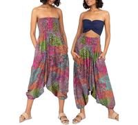 likemary Haremshose Damen Sommer - 2-in-1 Pumphose mit Taschen Wird zum Jumpsuit Overall - Pluderhose aus Viskose leicht - Aquamarin Pink Plus