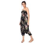 likemary Haremshose Damen Sommer - 2-in-1 Pumphose mit Taschen Wird zum Jumpsuit Overall - Pluderhose aus Viskose leicht - Schwarz Floral Plus