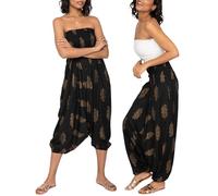 likemary Haremshose Damen Sommer - 2-in-1 Pumphose mit Taschen Wird zum Jumpsuit Overall - Pluderhose aus Viskose leicht - Schwarz Gold