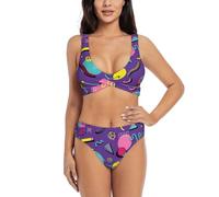 Lila 80er 90er Jahre Stil Muster Damen Bikini Sets Badeanzug Hohe Taille Zweiteiliger Badeanzug, Schwarz , S