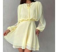 Lila langärmeliges Kleid mit ausgestelltem Saum, kurzes gestricktes Mesh-Kleid in Unifarbe für den Alltag