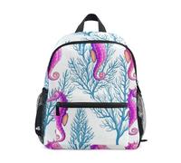 Lila Seepferdchen Blau Koralle Kleinkind Junge Rucksack mit Namensschild Kleine Kinder Rucksäcke Vorschulrucksack für Mädchen, Lila Seepferdchen, blaue Koralle, 6-8 Years, Niedliche Rucksäcke
