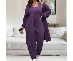 Lila Zweiteiler Set in Große Größen bestehend aus ärmelloser Jumpsuit und langärmliger Strickjacke, Lila Zweiteiler Set in Große Größen, Lila Loungewe