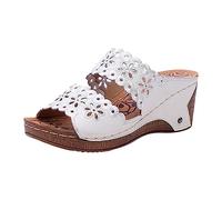 LILIHOT Damen Sandalen Sommer Vintage Toe-Plateau Mit Keilabsatz Sandalen Mit Offener Spitzeleder Damen Slipper Frauen Slip on Damen Klassische Bequeme Freizeit Schuh Strandsandalen,White,40