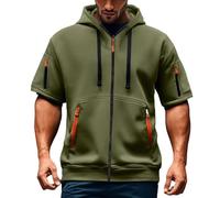 LILIHOT Herren Kurzarm Kapuzenpullover Lässige T Shirt Reißverschluss Taschen Hoodie Kordelzug Kapuze Pullover Komfortabel Baggy Sommerjacke Atmungsaktives Kurzarmhemd(#D Army Green,XXL)