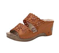 LILIHOT Sandalen Damen Sommer Bequem Damen Keilabsatz Schuhe Mit Plateau Sommer Atmungsaktiv Hausschuhe Damen Slipper Frauen Slip on Vintage Damen Freizeitschuhe Schlupfsandalen,Brown,37