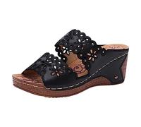 LILIHOT Sandalen Damen Sommer Bequem Damen Sandalette Keilabsatz Plateau Sandalen Mit Offener Spitzeleder Damen Slipper Frauen Slip on Damen Klassische Bequeme FreizeitSchuh Sandals,Black,38
