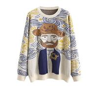 LILILEIDY Damen-Sweatshirt, langärmelig, Rundhalsausschnitt, Strickpullover, lässig, Van Gogh, Cartoon-Pullover, Beige, X-Groß