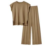 LILLUSORY 2-teiliges Outfit für Damen, gestrickt, leicht, passende Lounge-Sets, Flügelärmel, Oberteil und elastische Bundfaltenhose, Khaki, M