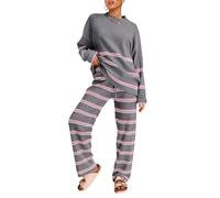 LILLUSORY, 2-teiliges Set für Damen, 2025, zweiteiliges Lounge-Set, Herbstmode, übergroße gestreifte Strickpullover, Outfits, Streifen grau, XL