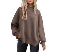 LILLUSORY Damen Herbst Rundhals Fledermaus Langarm Pullover Oversize Rippstrick Seitenschlitz Pullover Top, Muskat, L