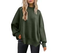 LILLUSORY Damen Pullover Fledermaus Langarm Herbst Rundhals Oversize RIPP Strickpullover mit Seitenschlitz, militär-grün, S