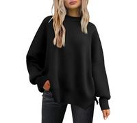 LILLUSORY Damen Rundhals Fledermaus Langarm Pullover 2023 Herbst Oversized Rippstrick Seitenschlitz Pullover Top, Schwarz, XX-Large