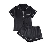 LILLUSORY Seidensatin-Pyjama-Set für Damen, 2-teilig, Lounge-Pyjama-Shorts, passende Sommer-Nachtwäsche, Button-Down-Shirt-Shorts, Schwarz, L