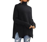 LILLUSORY Übergroßer Rollkragenpullover für Damen, Herbst 2024, Fledermausärmel, Gerippter Tunika-Pullover, Schwarz, Mittel