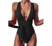 Lilosy Sexy Self Tie Criss Cross Plunge Backless High Cut Thong One Piece Swimsuit for Women Open Back Padded Cheeky Bathing Suit High Leg Bikini Black Medium