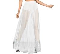 Limtula Langer Damen-Rock mit Glitzer-Pailletten, durchsichtig, elastisch, hohe Taille, durchsichtiger Tüll, A-Linie, Maxirock, stilvoll schimmernder Rock, weiß, M
