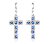 Linawe Saphir Blue Kreuz Ohrringe Silber Hängend, Schmuck Damenohrringe Ohrringe Set, Kristall Strasssteine Ohringe Modeschmuck Tropfen Ohrringe Weißgold Kreuz Anhänger Geburtsstein