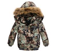 linboo Jungen Winterjacke Outdoor Mantel Parka mit Fellkapuze Steppjacke Baumwolle Kinderjacke Warm Wintermantel Gefüttert Winter Kapuzenjacke, Tarnung, 128(Herstellergröße: 130)