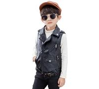 linboo Kinder Leder Weste Motorrad Kragen Lederimitat Jacke Jungen Mädchen Lederjacke Bomberjacke aus Kunstleder Ärmellos, Schwarz, 98