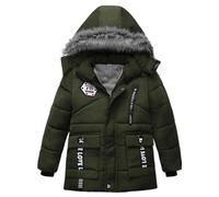 linboo Kinder Winterjacke Jungen Wintermantel mit Fleece Gefüttert Warm Baumwolljacke Dicke Blouson mit Fellkapuze Outdoor Steppjacken Outerwear, Grün, 116-122(Herstellergröße: 120)