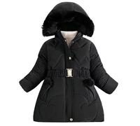 linboo Kinder Winterjacke Mädchen Wintermantel Gefüttert Parka Baumwolljacke Lange Warme Winter Jacke mit Kapuze, Plüsch Ball, Gürtel, Schwarz, 134-140