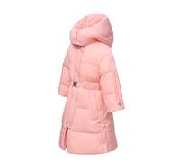 linboo Mädchen Lange Winterjacke mit Kapuze Winddichte Warme Wintermantel mit Gürtel Parka Outdoor Jacken, Rosa, 122-128(Herstellergröße: 130)