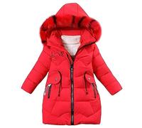 linboo Mädchen Winterjacke Kinder Wintermantel Dicke Steppjacke Lange Warme Parka Baumwolljacke Outdoor Mantel mit Fellkapuze und Love Stickdruck, Rot, 128-134 (Etikettengröße: 140)