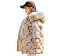 linboo Winterjacke Mädchen Winterparka Gefüttert Warme Parka Jacke mit Fellkapuze Outdoor Winddicht Gesteppte Mäntel Outdoor Kinder Wintermantel, Gold, 134-140(Herstellergröße: 140)