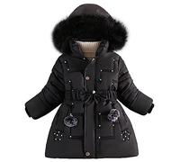 linboo Wintermantel Mädchen Winterjacke Kinder Warm Fleece Mäntel Verdickte Baumwolle Gefütterte Jacke Klassische Parka mit Nieten, Gürtel, Bögen, Schwarz, 128-134(Etikettengröße: X)