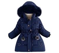 linboo Wintermantel Mädchen Winterjacke Kinder Warm Fleece Mäntel Verdickte Baumwolle Gefütterte Jacke Klassische Parka mit Nieten, Gürtel, Bögen, Marineblau, 122-128(Etikettengröße: L)