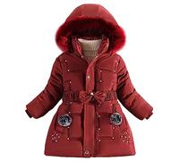 linboo Wintermantel Mädchen Winterjacke Kinder Warm Fleece Mäntel Verdickte Baumwolle Gefütterte Jacke Klassische Parka mit Nieten, Gürtel, Bögen, Rot, 122-128(Etikettengröße: L)