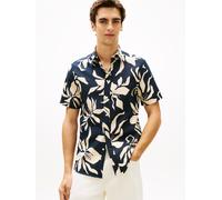 Kurzarmhemd TOMMY HILFIGER "LINEN BLEND FLOWER PRINT", Herren, Gr. S, N-Gr, schwarz night navy, allover, Web, Obermaterial: 52% Baumwolle, 48% Leinen, regular fit normal, Hemden, aus Leinenmix, regula