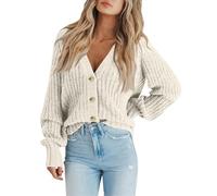 Linkpig Strickjacke Damen Kurz Strick Cardigan V-Ausschnitt Knopfleiste Open Front Sweater Elegant Casual Schulterjacke Top Winter Pullover Mantel Jacke Strickcardigan