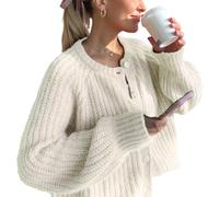 LINONI Damen-Strickjacke, Knopfleiste, langärmelig, Grobstrick, weich, vorne offen, locker, lässiger Cardigan, Beige, Mittel