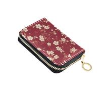 linqin Blush Cherry Blossom Red Palm-Sized Card Case for Ladies Zipper Closure Soft Leather 2 Coin Pockets On The Go