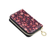 linqin Cherry Blossom Dark Compact Small Wallet for Women Zipper Closure Vegan Leather Anti-Theft Travel Essential