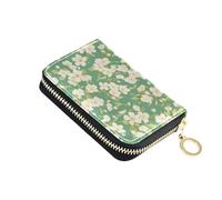 linqin Cherry Blossom Flowers Green Compact Small Wallet for Ladies Zipper Closure Vegan Leather 2 Coin Pockets On The Go