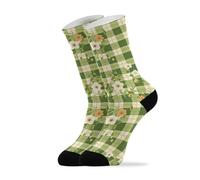 linqin Damen-Socken mit grünem Blumenmuster, Buffalo Checks, 2 Stück, lässig, feuchtigkeitsableitend, weiß, Crew-Socken (1 Paar)
