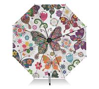 linqin Faltbarer kompakter Regenschirm, Frühlingsblumen, Schmetterlinge, umgekehrt, winddicht, Reise-Regenschirm für Sonnenregen, groß, 8 Rippen, UV-Regenschirm, automatisch für Damen und Herren