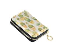 linqin Green Potted Cactus Slim Mini Card Wallet for Travel Essential RFID Blocking Soft Leather 2 Coin Pockets On The Go