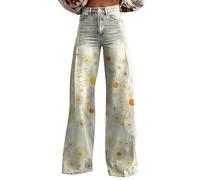 LinRim Jeans mit geradem Bein für Damen Boho Strandhose Hippie Blumen Schlaghose Weites Bein Sommerhose Elegant High Waist Bootcut Freizeithose Vintage Boyfriend Jeans Gerade BeinJeanhose