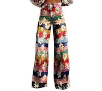 LinRim Schlaghose Damen Jeans Wide Leg Baggy Jeans Boho Strandhose Hippie Blumen Sommerhose Elegant High Waist Bootcut Freizeithose Vintage Boyfriend Jeans Gerade Bein Jeanhose