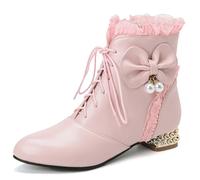 LIPIJIXI DaHerren Süss Sparkly Low Heel Lolita Kn?chel Stiefel Schnüren Bow Glitzer Brogue Sü? Jeans Bogen Kurze Stiefel Party Pink Stiefeletten Size 3
